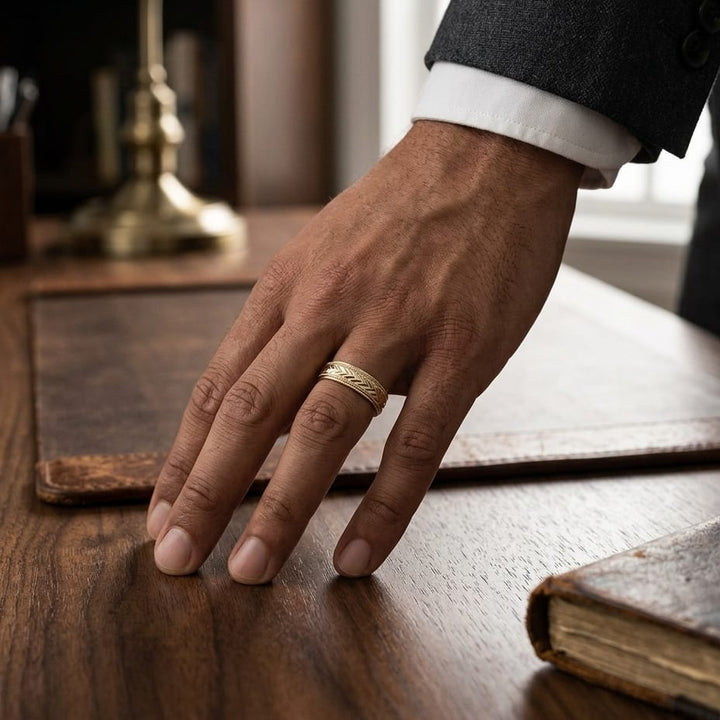 6mm Comfort-Fit Wedding Band in 18K Yellow Gold, worn on hand, masculine full view