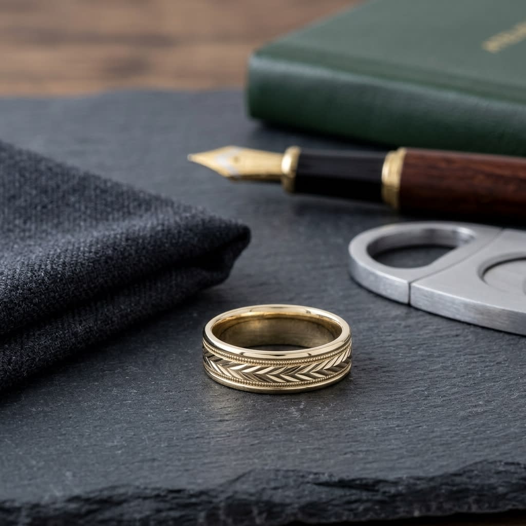 6mm Comfort-Fit Wedding Band in 18K Yellow Gold, on walnut surface with pocket square