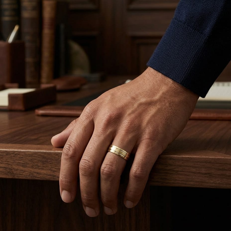 6mm Satin Finish High Polished Center Trim Carved Wedding Band in 18K Yellow Gold, worn on hand, masculine full view