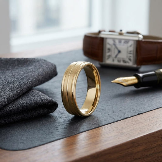 6mm Satin Finish High Polished Center Trim Carved Wedding Band in 18K Yellow Gold, on walnut surface with pocket square