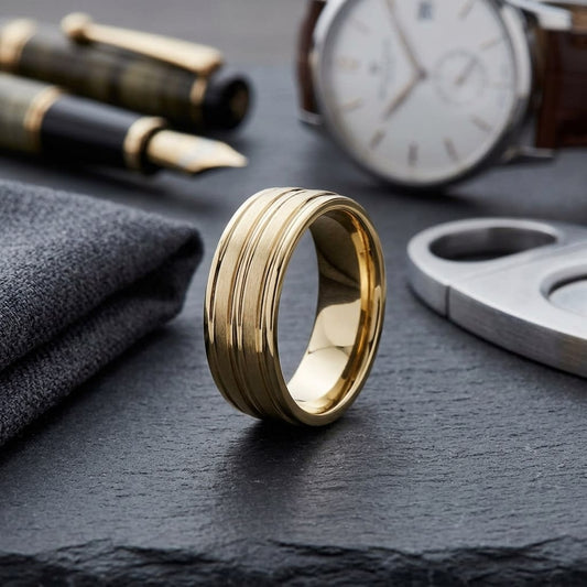 8mm Satin Finish High Polished Center Trim Carved Wedding Band in 18K Yellow Gold, on walnut surface with pocket square