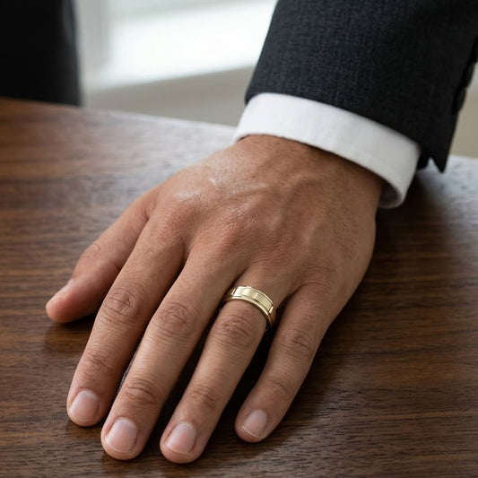 6mm Satin Finish High Polished Center Cut Carved Wedding Band in 18K Yellow Gold, worn on hand, masculine full view