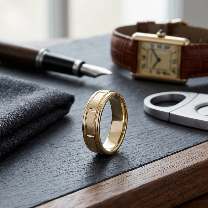 6mm Satin Finish High Polished Center Cut Carved Wedding Band in 18K Yellow Gold, on walnut surface with pocket square