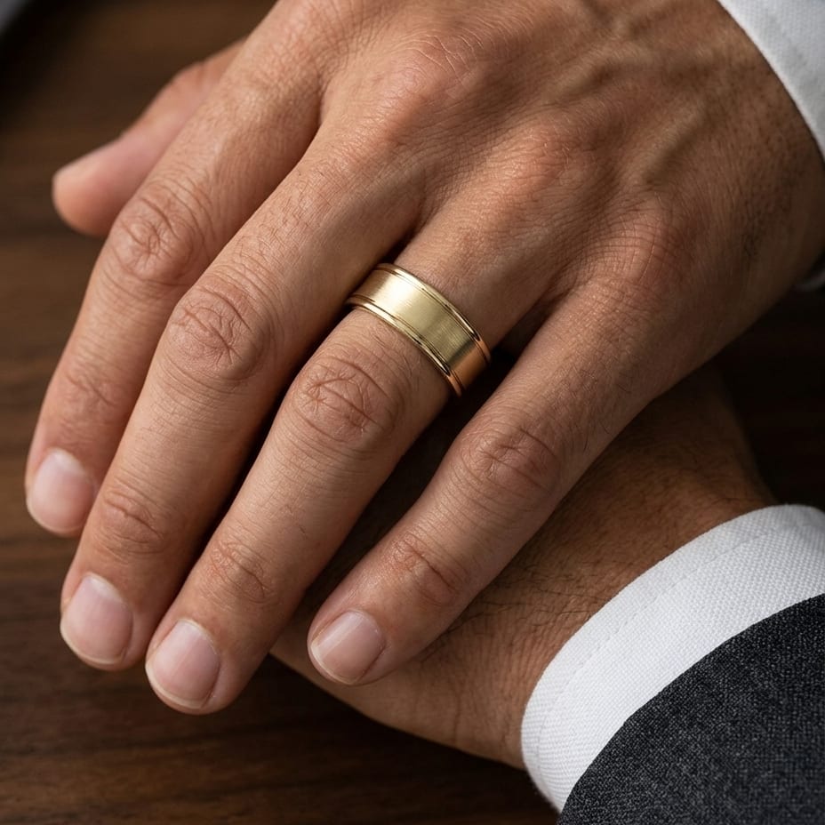7.5mm Satin Finish High Polished Round Edge Carved Wedding Band in 18K Yellow Gold, worn on hand, masculine close-up