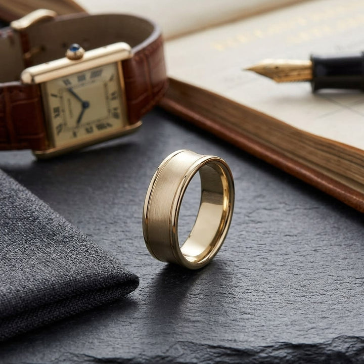 7.5mm Satin Finish High Polished Round Edge Carved Wedding Band in 18K Yellow Gold, on walnut surface with pocket square