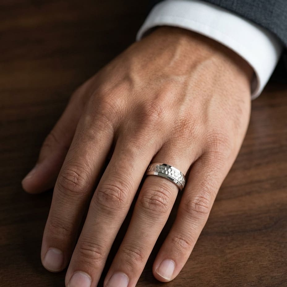 7.5mm Hammered Finish Beveled Edge Carved Wedding Band in 18K Yellow Gold, worn on hand, masculine close-up