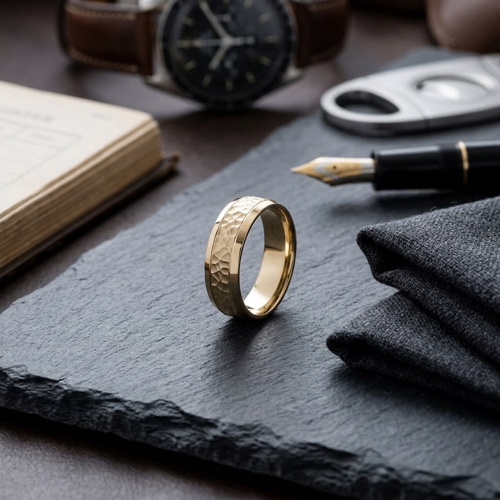 7.5mm Hammered Finish Beveled Edge Carved Wedding Band in 18K Yellow Gold, on walnut surface with pocket square