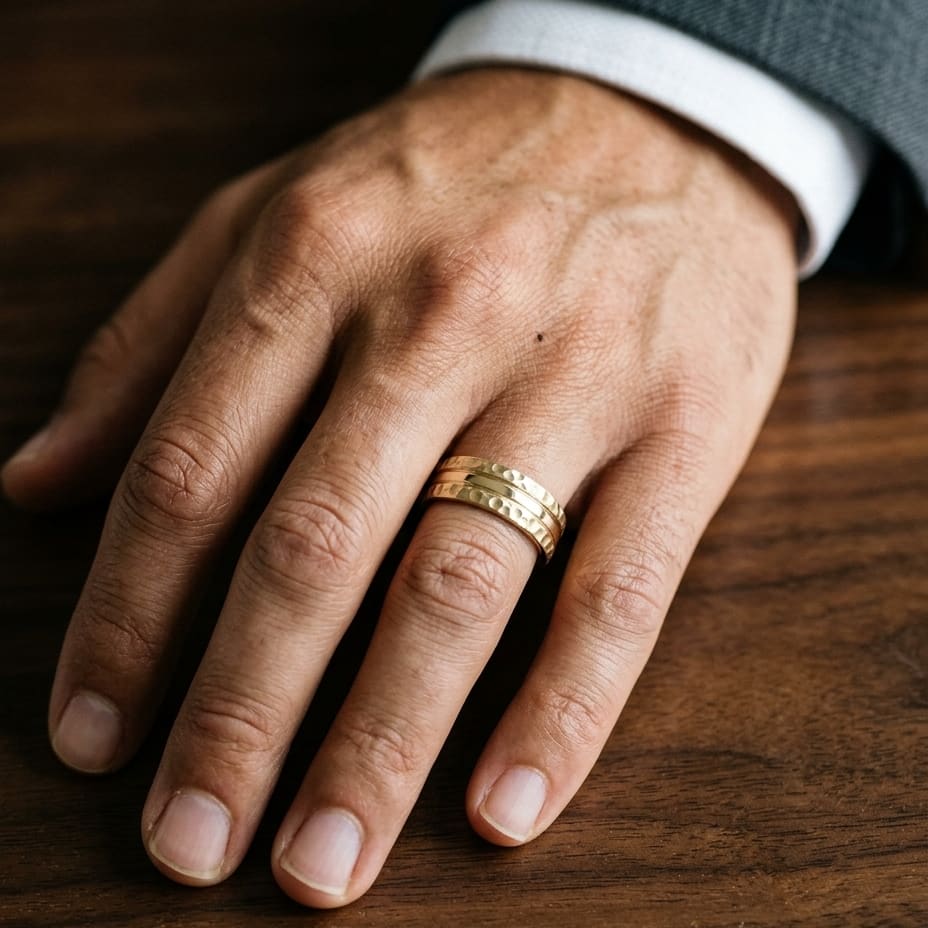 7.5mm Hammered Finish Carved Wedding Band in 18K Yellow Gold, worn on hand, masculine close-up