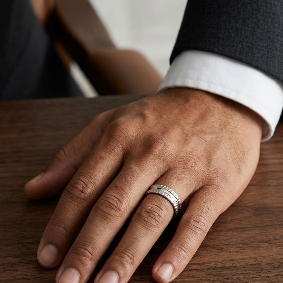 7.5mm Hammered Finish Carved Wedding Band in 18K Yellow Gold, worn on hand, masculine full view