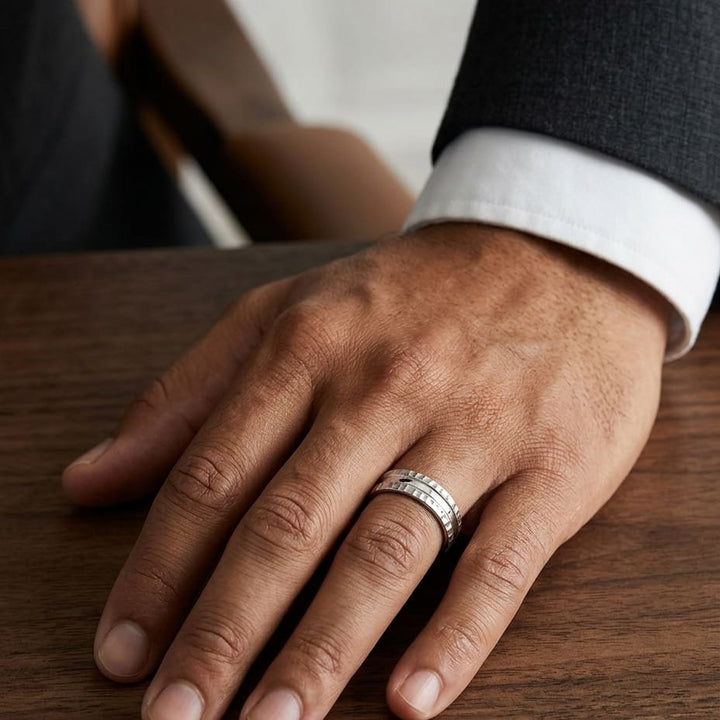 7.5mm Hammered Finish Carved Wedding Band in 18K Yellow Gold, worn on hand, masculine full view