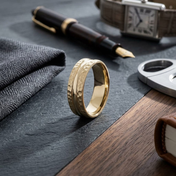 7.5mm Hammered Finish Carved Wedding Band in 18K Yellow Gold, on walnut surface with pocket square
