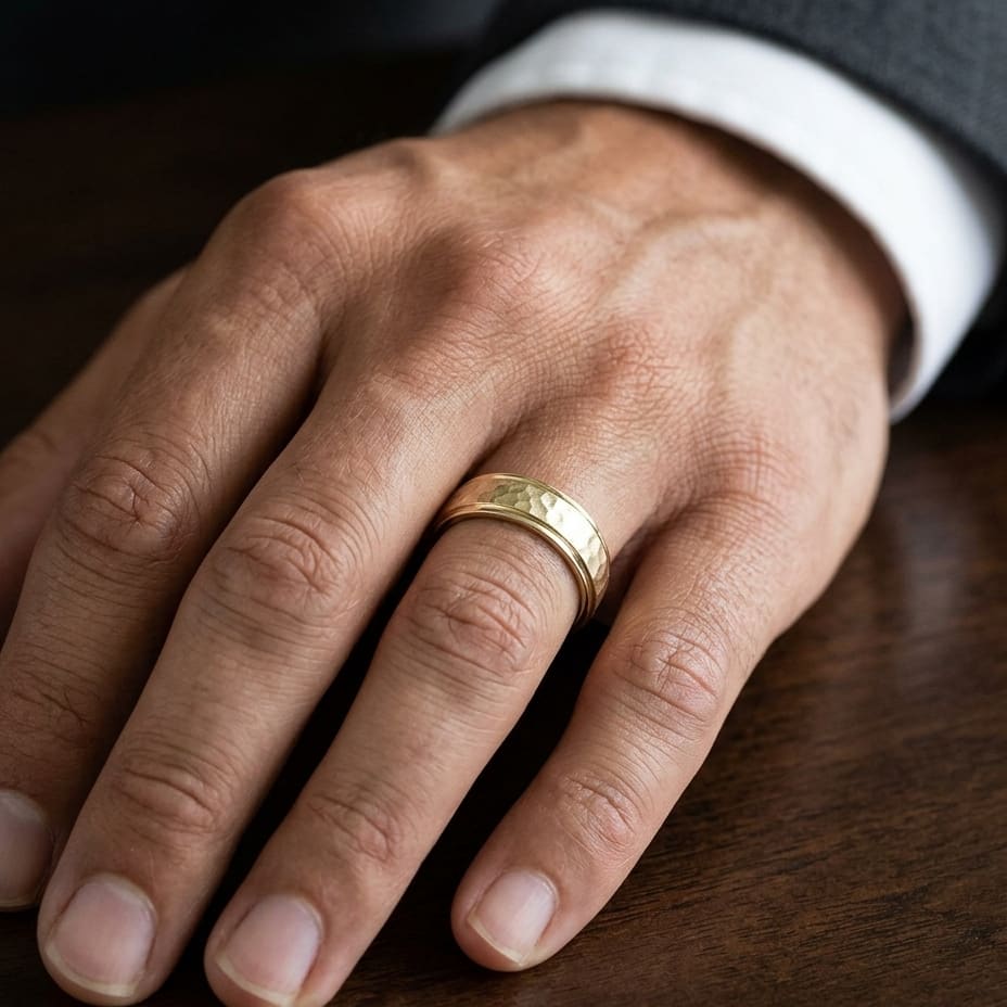 6mm Hammered Finish Carved Wedding Band in 18K Yellow Gold, worn on hand, masculine close-up