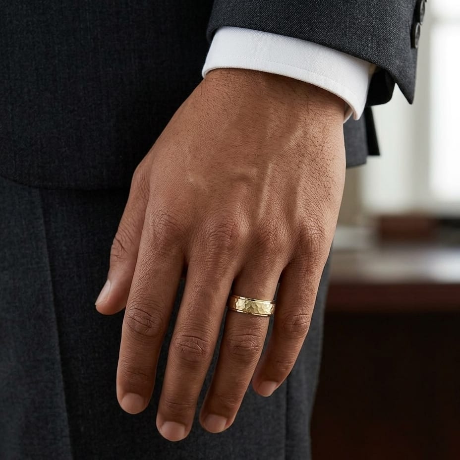 6mm Hammered Finish Carved Wedding Band in 18K Yellow Gold, worn on hand, masculine full view