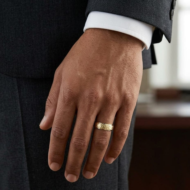 6mm Hammered Finish Carved Wedding Band in 18K Yellow Gold, worn on hand, masculine full view