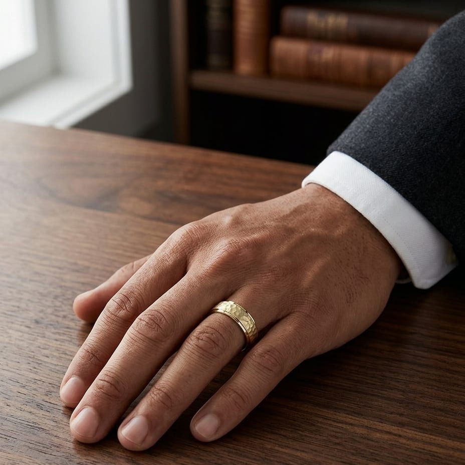 8mm Hammered Finish Carved Wedding Band in 18K Yellow Gold, worn on hand, masculine full view