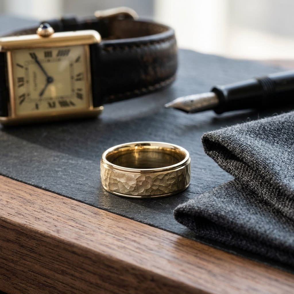 8mm Hammered Finish Carved Wedding Band in 18K Yellow Gold, on walnut surface with pocket square