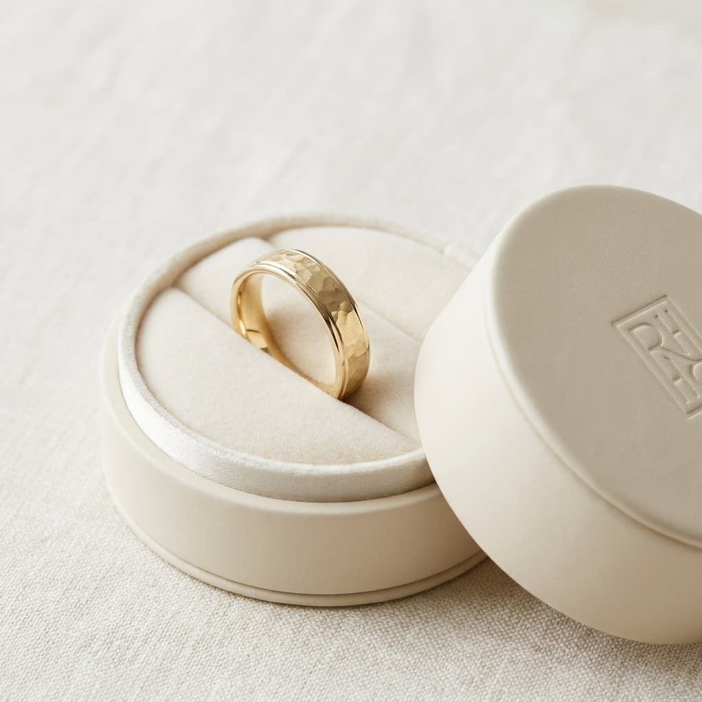 4mm Hammered Finish Carved Wedding Band in 18K Yellow Gold, in navy velvet jewelry box