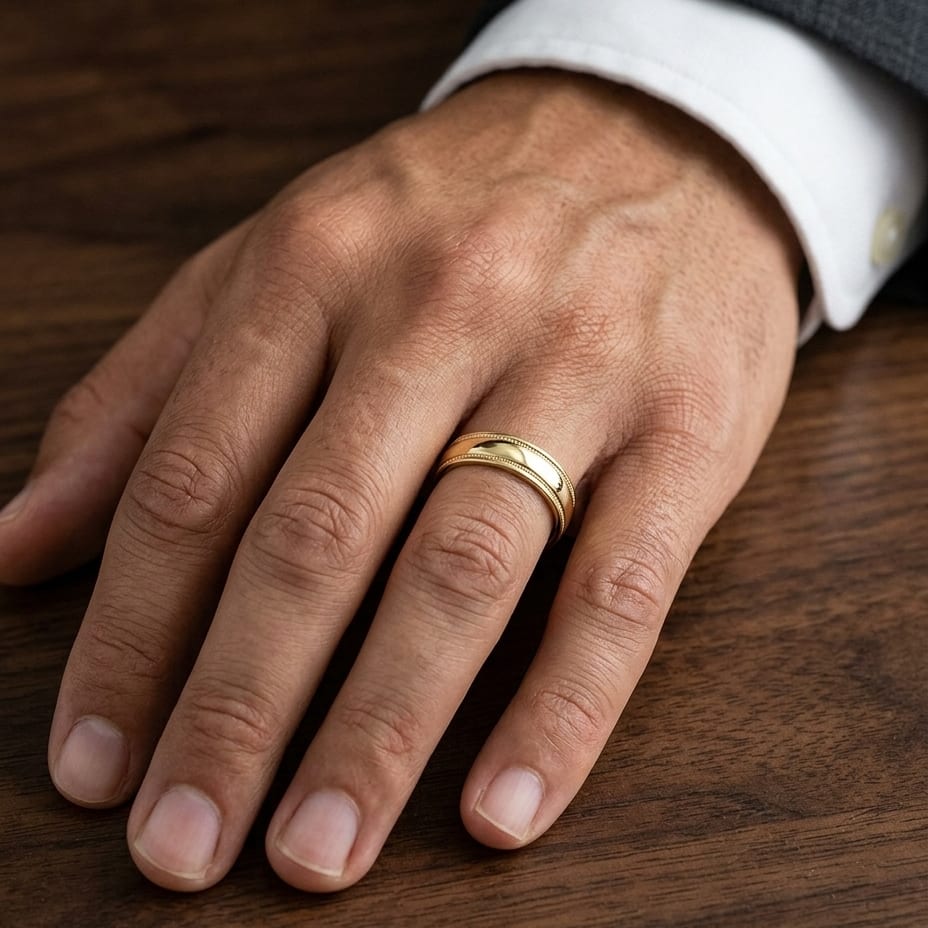 6mm High Polish Round Edge Carved Wedding Band in 18K Yellow Gold, worn on hand, masculine close-up