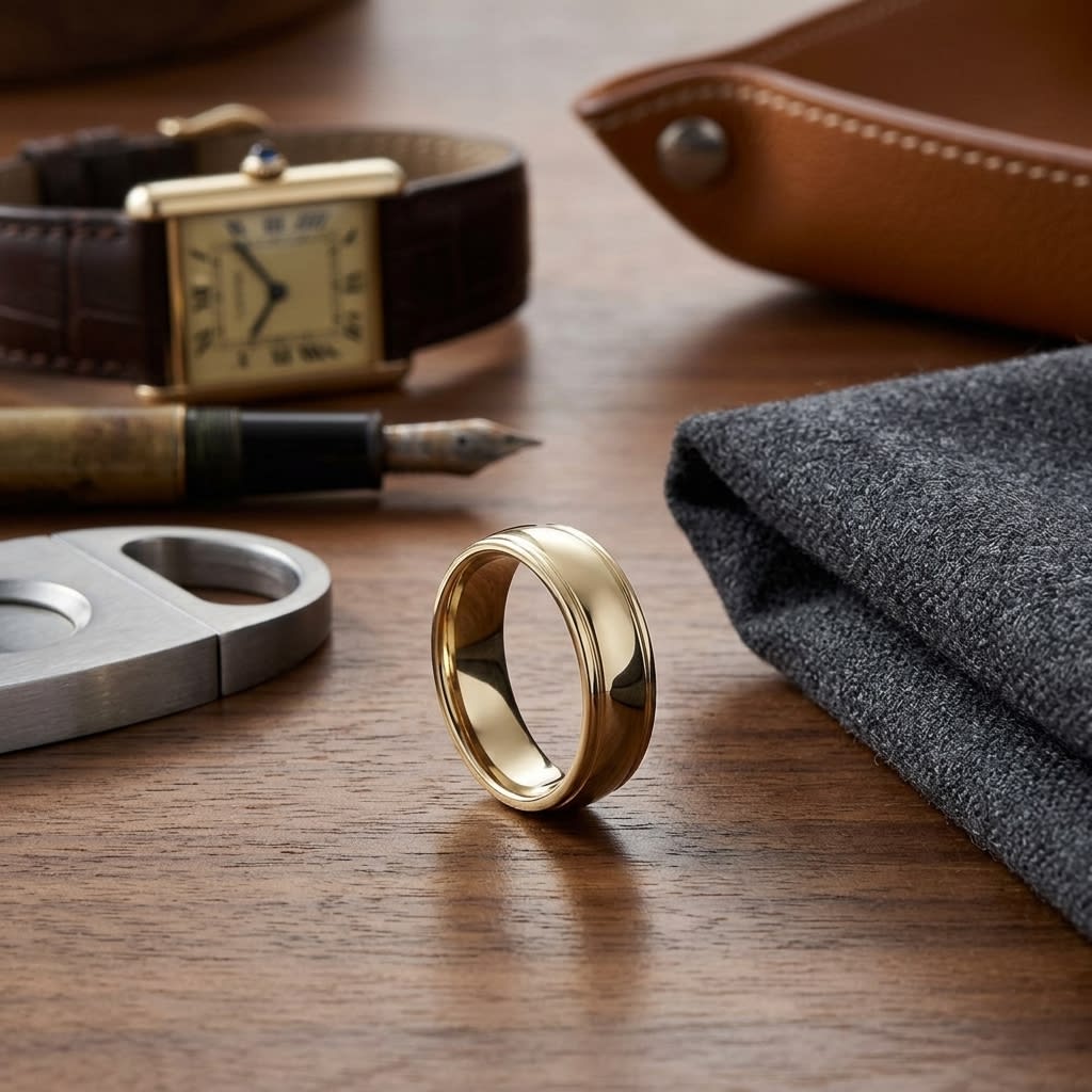 6mm High Polish Round Edge Carved Wedding Band in 18K Yellow Gold, on walnut surface with pocket square