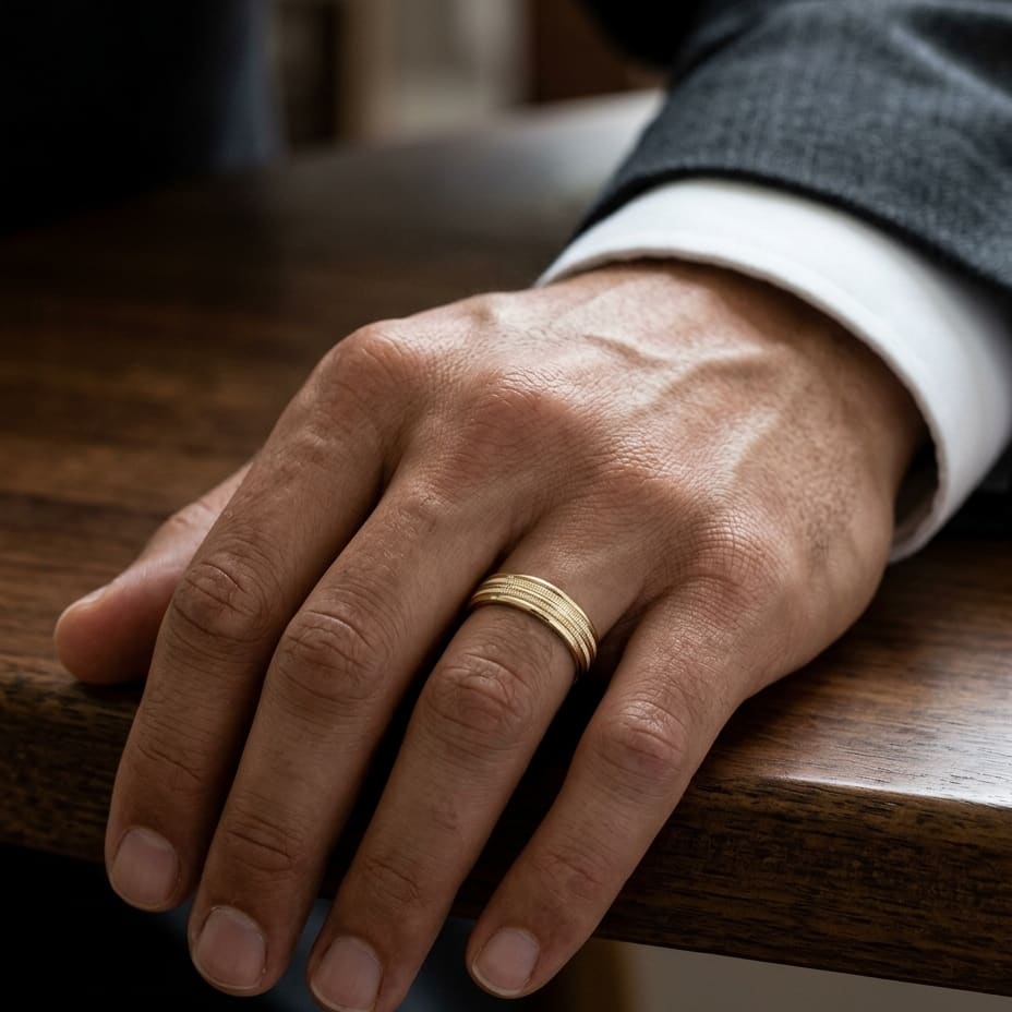6mm High Polish Milgrain Round Edge Carved Wedding Band in 18K Yellow Gold, worn on hand, masculine close-up