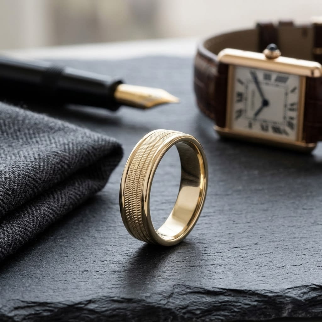 6mm High Polish Milgrain Round Edge Carved Wedding Band in 18K Yellow Gold, on walnut surface with pocket square