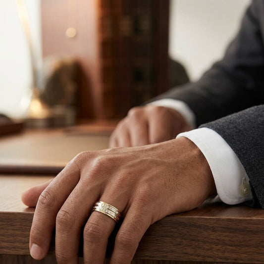 7.5mm High Polish Round Edge Carved Wedding Band in 18K Yellow Gold, worn on hand, masculine full view