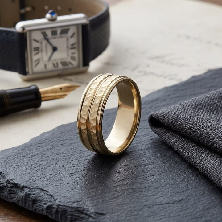 7.5mm High Polish Round Edge Carved Wedding Band in 18K Yellow Gold, on walnut surface with pocket square
