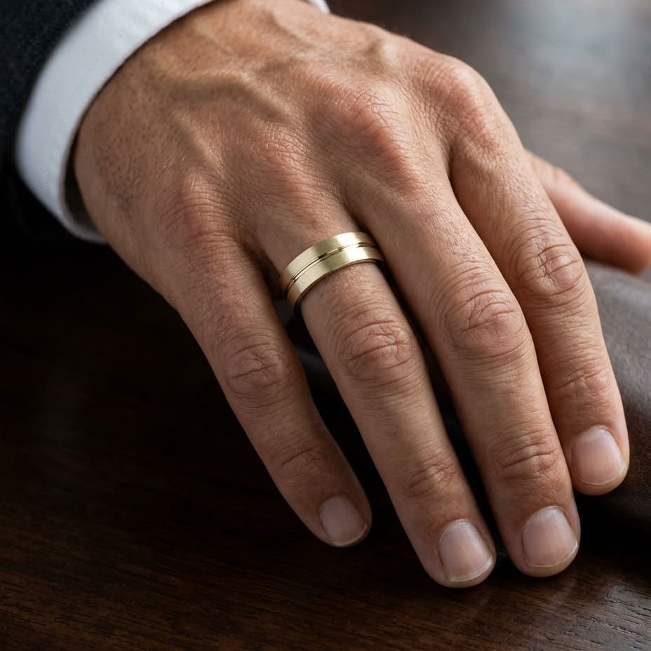 6mm Satin Finish High Polished Center Cut Carved Wedding Band in 18K Yellow Gold, worn on hand, masculine close-up