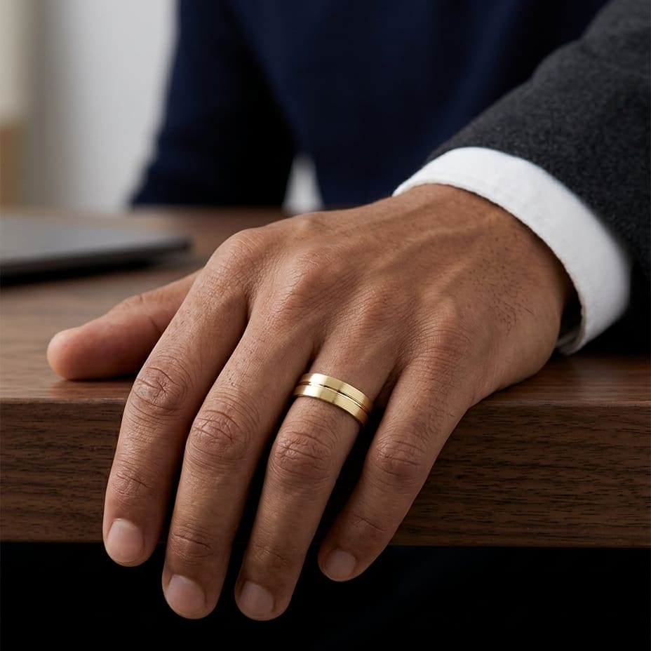 6mm Satin Finish High Polished Center Cut Carved Wedding Band in 18K Yellow Gold, worn on hand, masculine full view