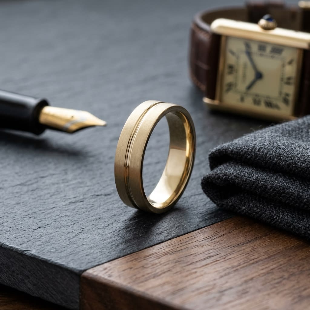 6mm Satin Finish High Polished Center Cut Carved Wedding Band in 18K Yellow Gold, on walnut surface with pocket square