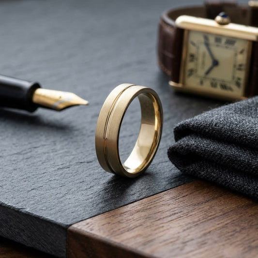 6mm Satin Finish High Polished Center Cut Carved Wedding Band in 18K Yellow Gold, on walnut surface with pocket square