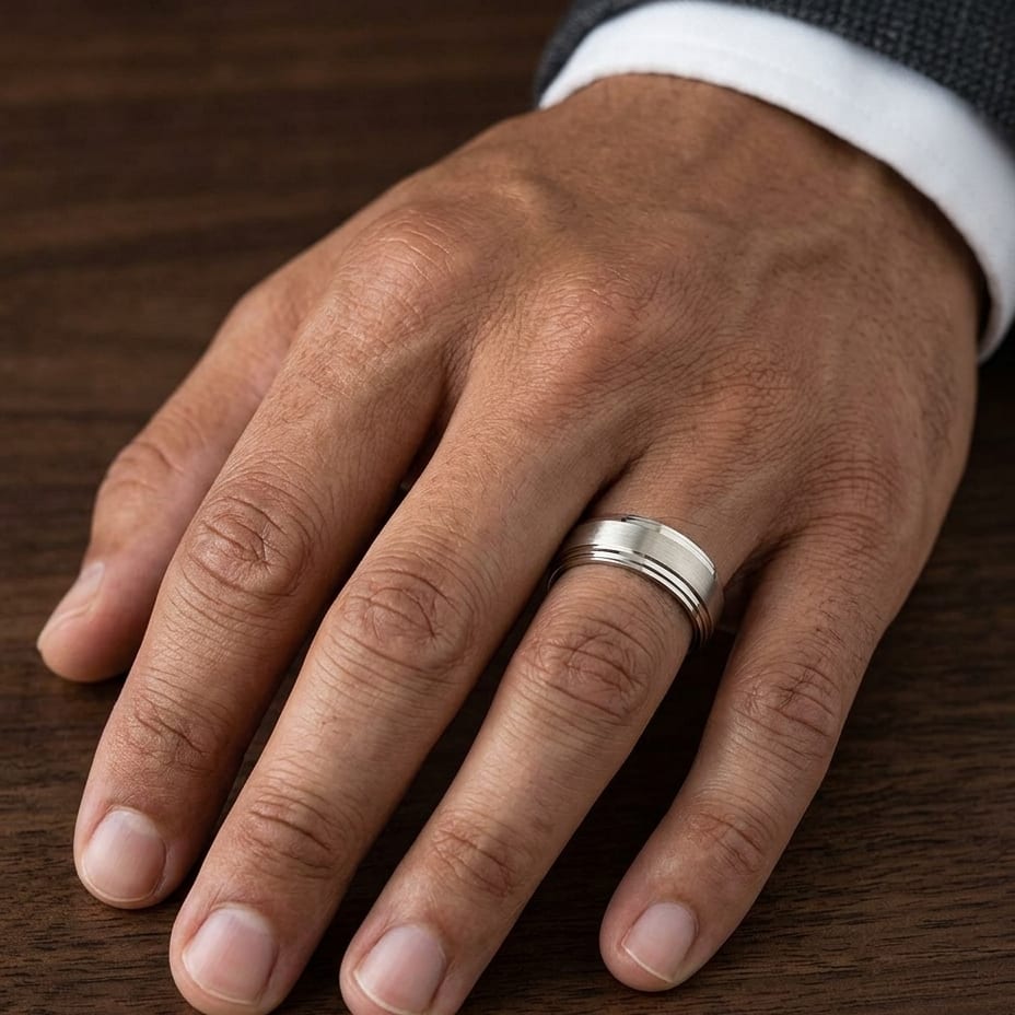8mm Satin Finish Carved Wedding Band in 18K Yellow Gold, worn on hand, masculine close-up