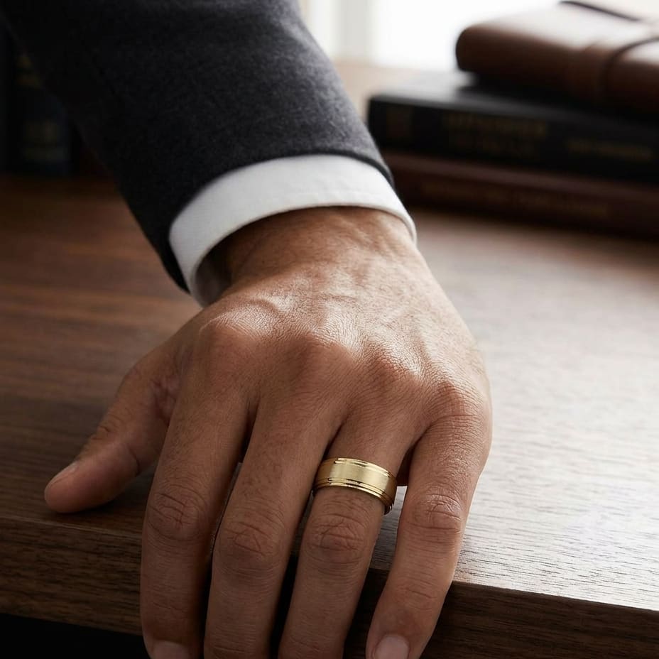 8mm Satin Finish Carved Wedding Band in 18K Yellow Gold, worn on hand, masculine full view
