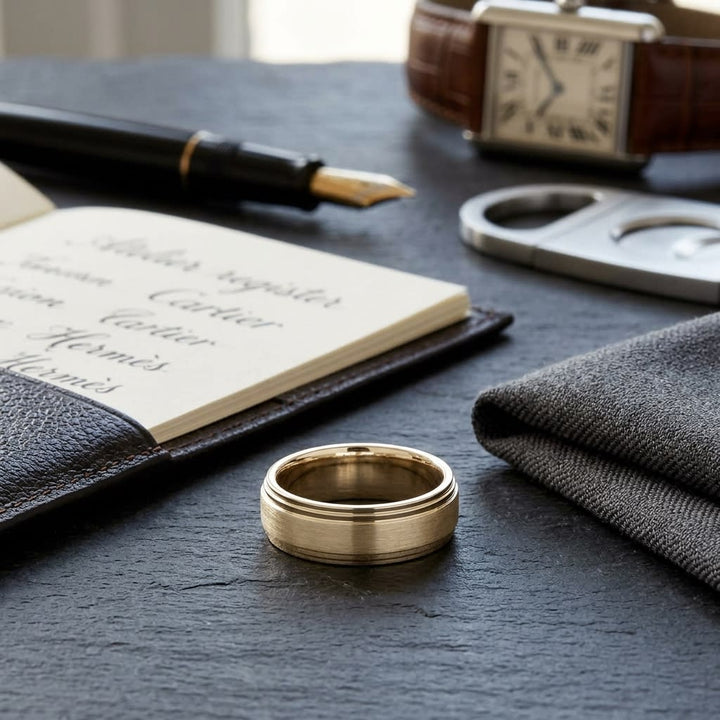 8mm Satin Finish Carved Wedding Band in 18K Yellow Gold, on walnut surface with pocket square