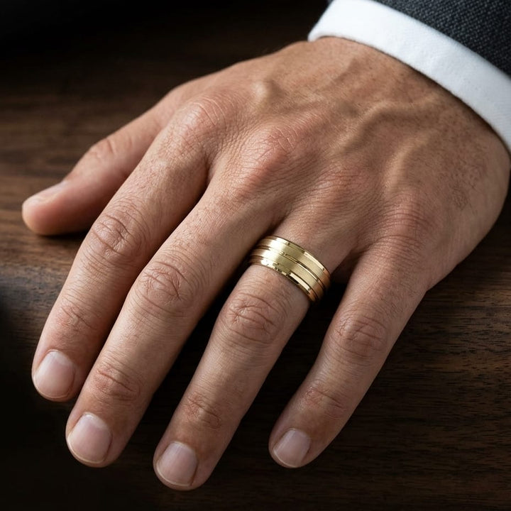 8mm Satin Finish High Polished Center Cut Carved Wedding Band in 18K Yellow Gold, worn on hand, masculine close-up