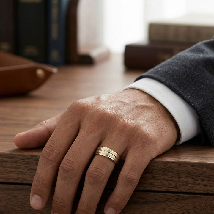 8mm Satin Finish High Polished Center Cut Carved Wedding Band in 18K Yellow Gold, worn on hand, masculine full view