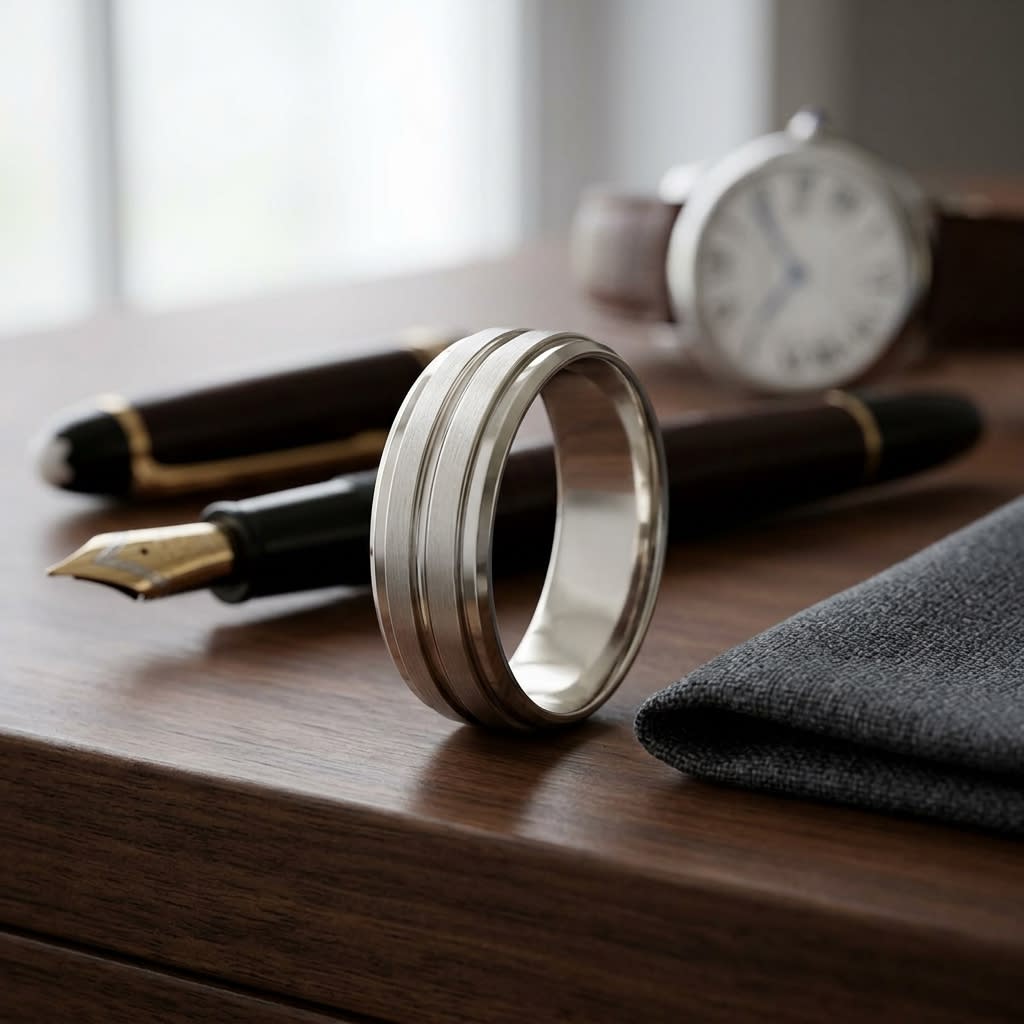 8mm Satin Finish High Polished Center Cut Carved Wedding Band in 18K Yellow Gold, on walnut surface with pocket square