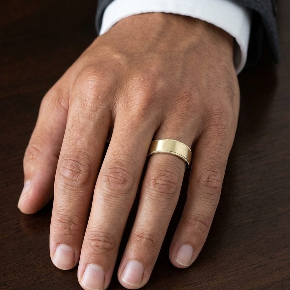 8mm Satin Finish Carved Wedding Band in 18K Yellow Gold, worn on hand, masculine close-up