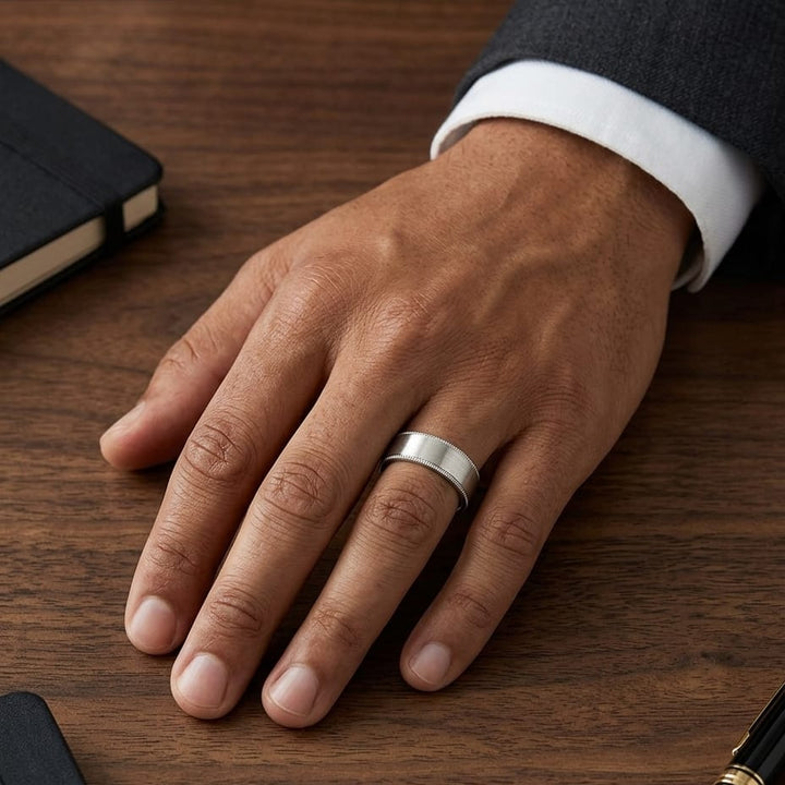8mm Satin Finish Carved Wedding Band in 18K Yellow Gold, worn on hand, masculine full view