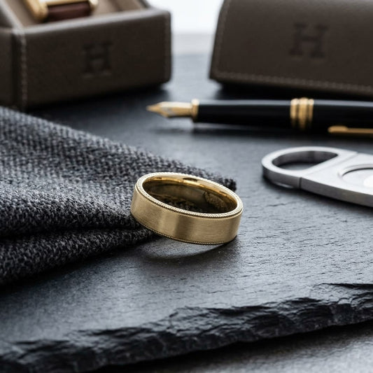 8mm Satin Finish Carved Wedding Band in 18K Yellow Gold, on walnut surface with pocket square