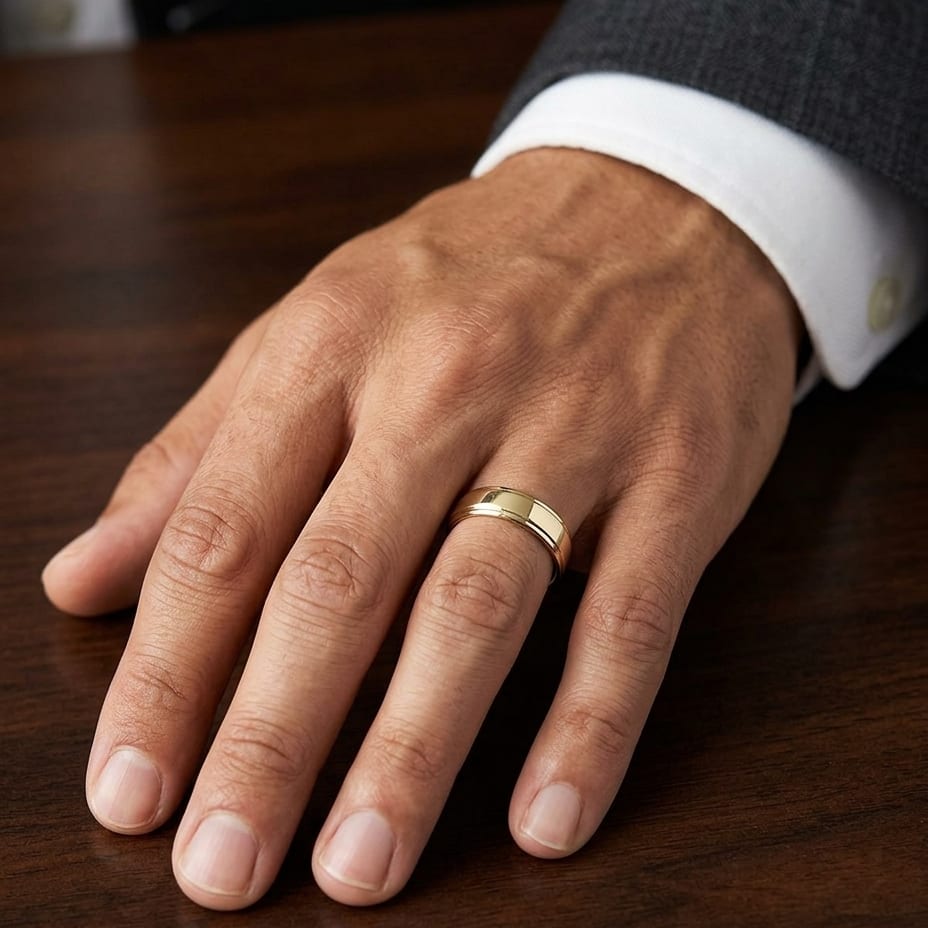 6.5mm Drop Edge High Polish Carved Wedding Band in 18K Yellow Gold, worn on hand, masculine close-up