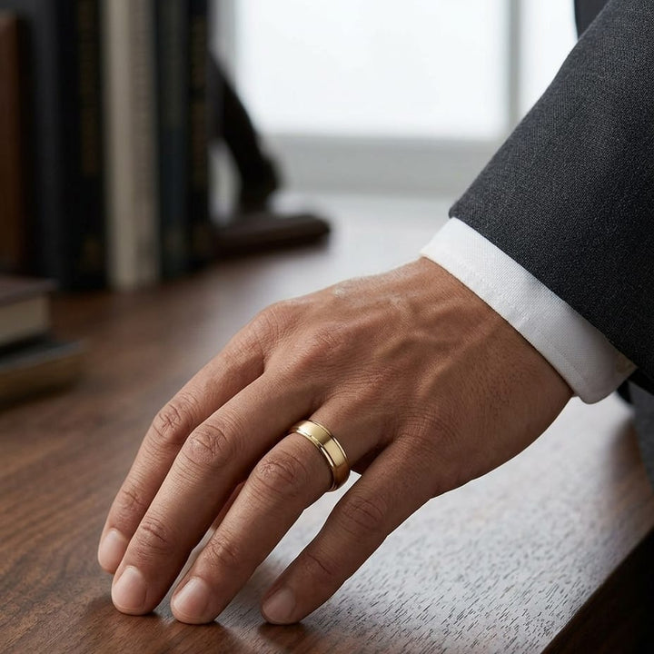 6.5mm Drop Edge High Polish Carved Wedding Band in 18K Yellow Gold, worn on hand, masculine full view