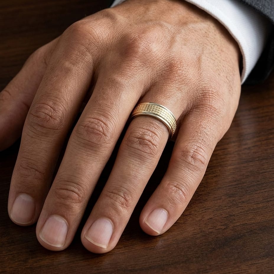 7mm High Polish Cross Hatch Center Carved Wedding Band in 18K Yellow Gold, worn on hand, masculine close-up