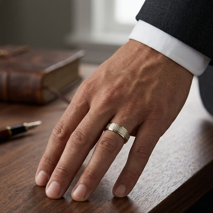 7mm High Polish Cross Hatch Center Carved Wedding Band in 18K Yellow Gold, worn on hand, masculine full view