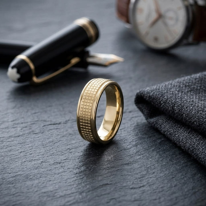 7mm High Polish Cross Hatch Center Carved Wedding Band in 18K Yellow Gold, on walnut surface with pocket square