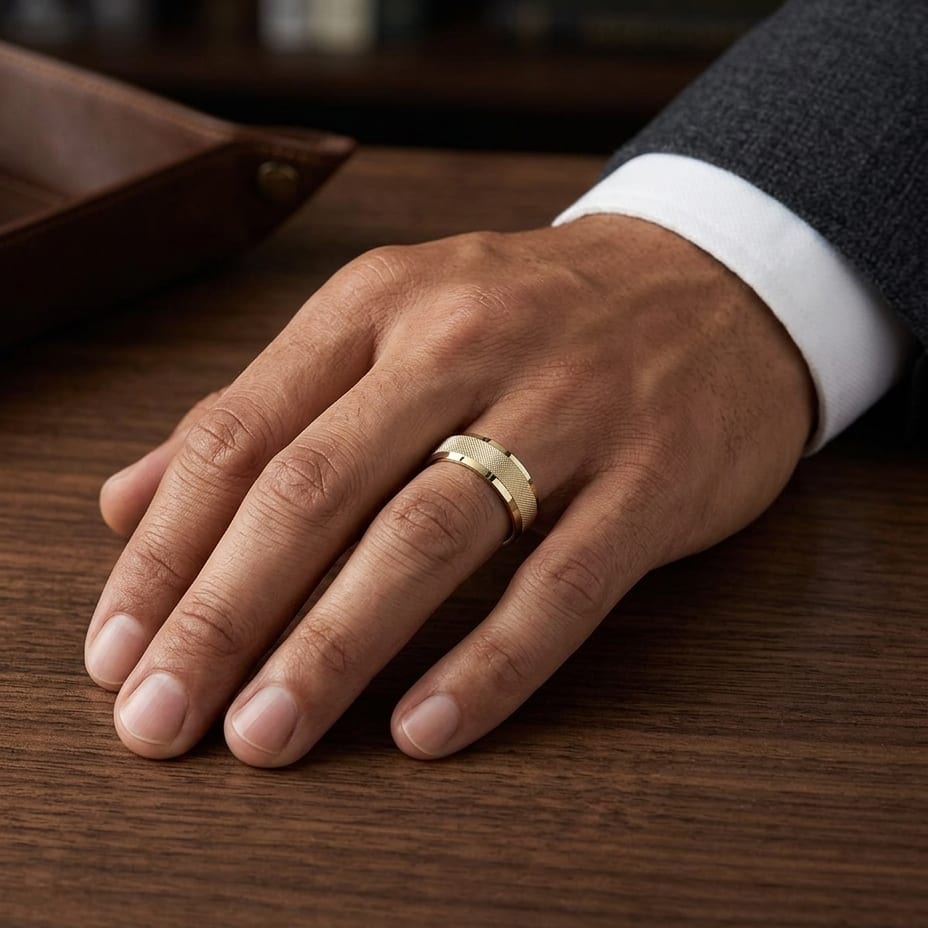 7mm High Polish Cross Hatch Center Carved Wedding Band in 18K Yellow Gold, worn on hand, masculine full view