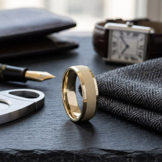 7mm High Polish Cross Hatch Center Carved Wedding Band in 18K Yellow Gold, on walnut surface with pocket square