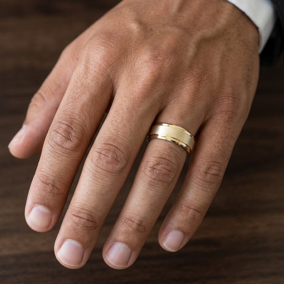 7mm Round Edge Swirl Finish Carved Wedding Band in 18K Yellow Gold, worn on hand, masculine close-up