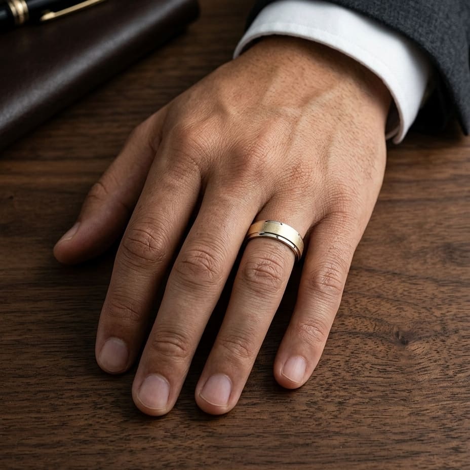 7mm Round Edge Swirl Finish Carved Wedding Band in 18K Yellow Gold, worn on hand, masculine full view