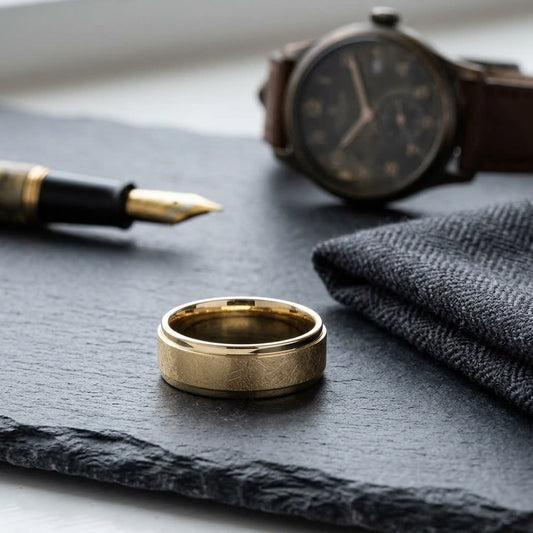 7mm Round Edge Swirl Finish Carved Wedding Band in 18K Yellow Gold, on walnut surface with pocket square